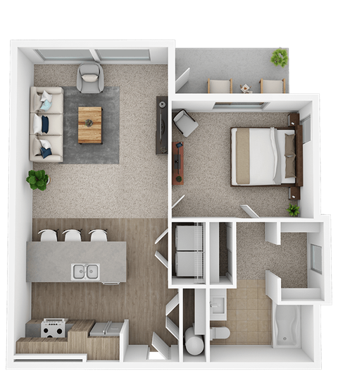A top-down view of a small apartment layout with a living room, kitchen, and bedroom.